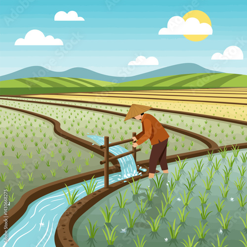 Farmer Irrigating Rice Paddy Field Using Water Gate Illustration