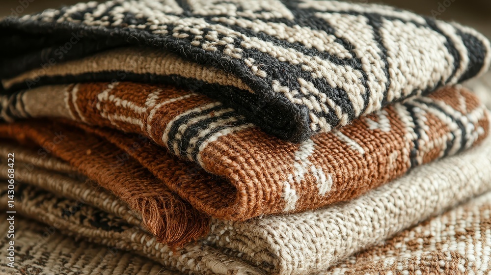 Stack of cozy woven blankets in earthy tones creating a warm and inviting atmosphere. Stack of cozy woven blankets in earthy tones creating a warm and inviting atmosphere.