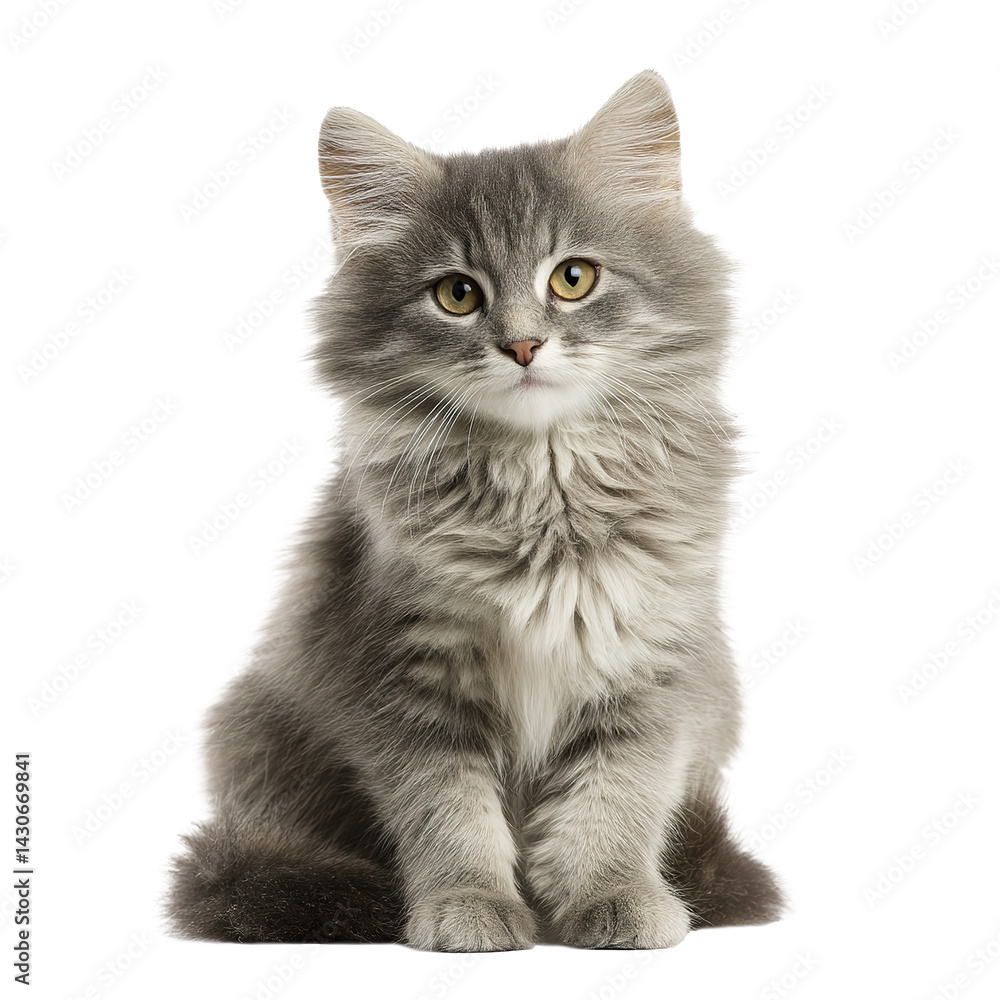Obraz premium Fluffy grey kitten sitting and looking forward on a transparent background, perfect for pet projects, animal themes, or any design needing a touch of cuteness