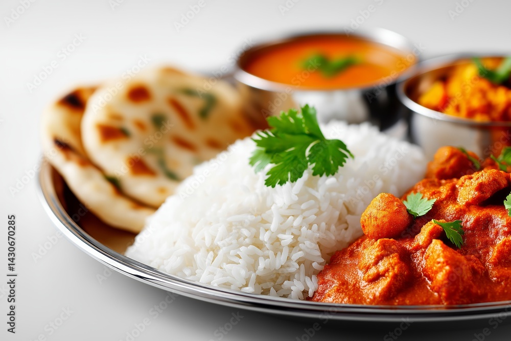 Celebrate culinary tradition with a colorful thali featuring assorted Indian dishes on white. Traditional thali showcases a vibrant assortment of Indian dishes including curry, rice, and naan Celebrate culinary tradition with a colorful thali featuring assorted Indian dishes on white. Traditional thali showcases a vibrant assortment of Indian dishes including curry, rice, and naan