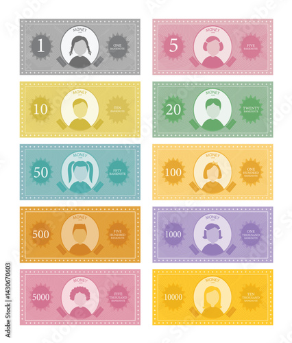 Money for game on a white background,Printable play money from 1 to 10000.banknotes design,Vector  illustrations.