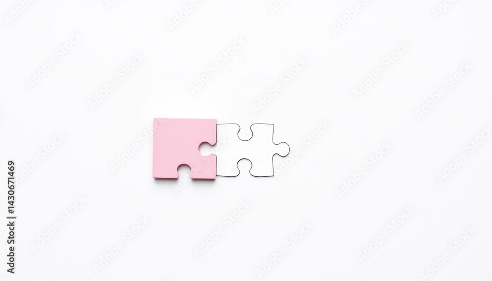 Two puzzle pieces, one pink, one white, on a white background Two puzzle pieces, one pink, one white, on a white background