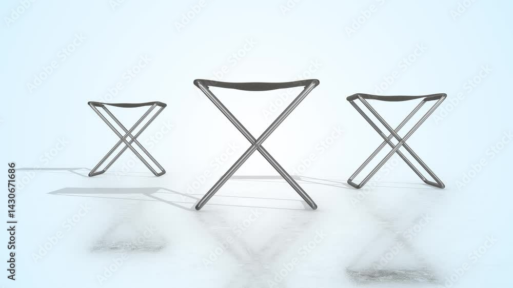 Folding Chairs on a Light Reflective Floor. Lawn Chair 3D Animation. 4K Folding Chairs on a Light Reflective Floor. Lawn Chair 3D Animation. 4K
