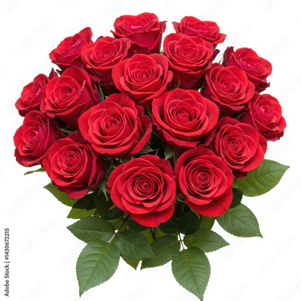 Obraz premium A beautiful bouquet of vibrant red roses with lush green leaves on a white background isolated shot