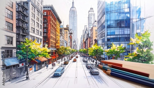 A vibrant colored pencil sketch of an urban street scene, with sharp contrasts and blending shades, resting on a contemporary desk.
