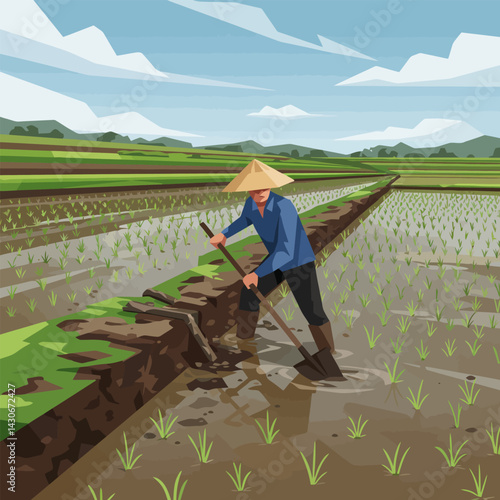 Farmer Working Rice Field Using Shovel in Water Landscape Illustration