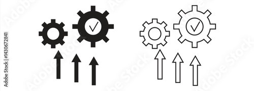 Gear icon with up arrow and check mark, Contains execution, process, system, evaluation, efficiency, business management project, task, implementation, operation, optimization, performance, vector ill