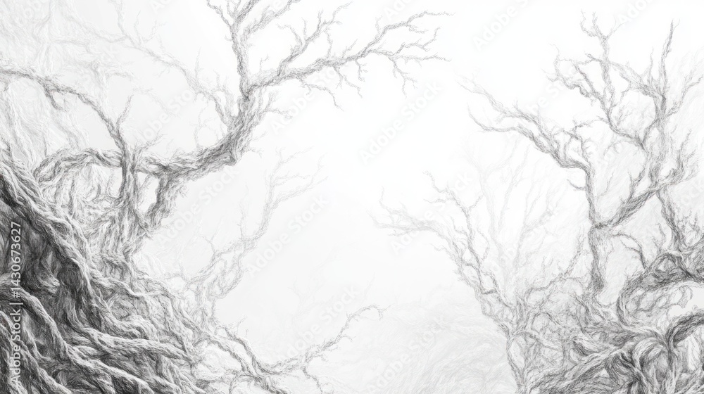 Monochrome illustration of gnarled, leafless trees against a misty sky. Monochrome illustration of gnarled, leafless trees against a misty sky.