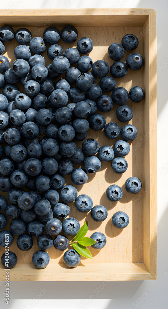 Wooden Tray Elevated View Fresh Blueberries White Surface Copy Space Wooden Tray Elevated View Fresh Blueberries White Surface Copy Space