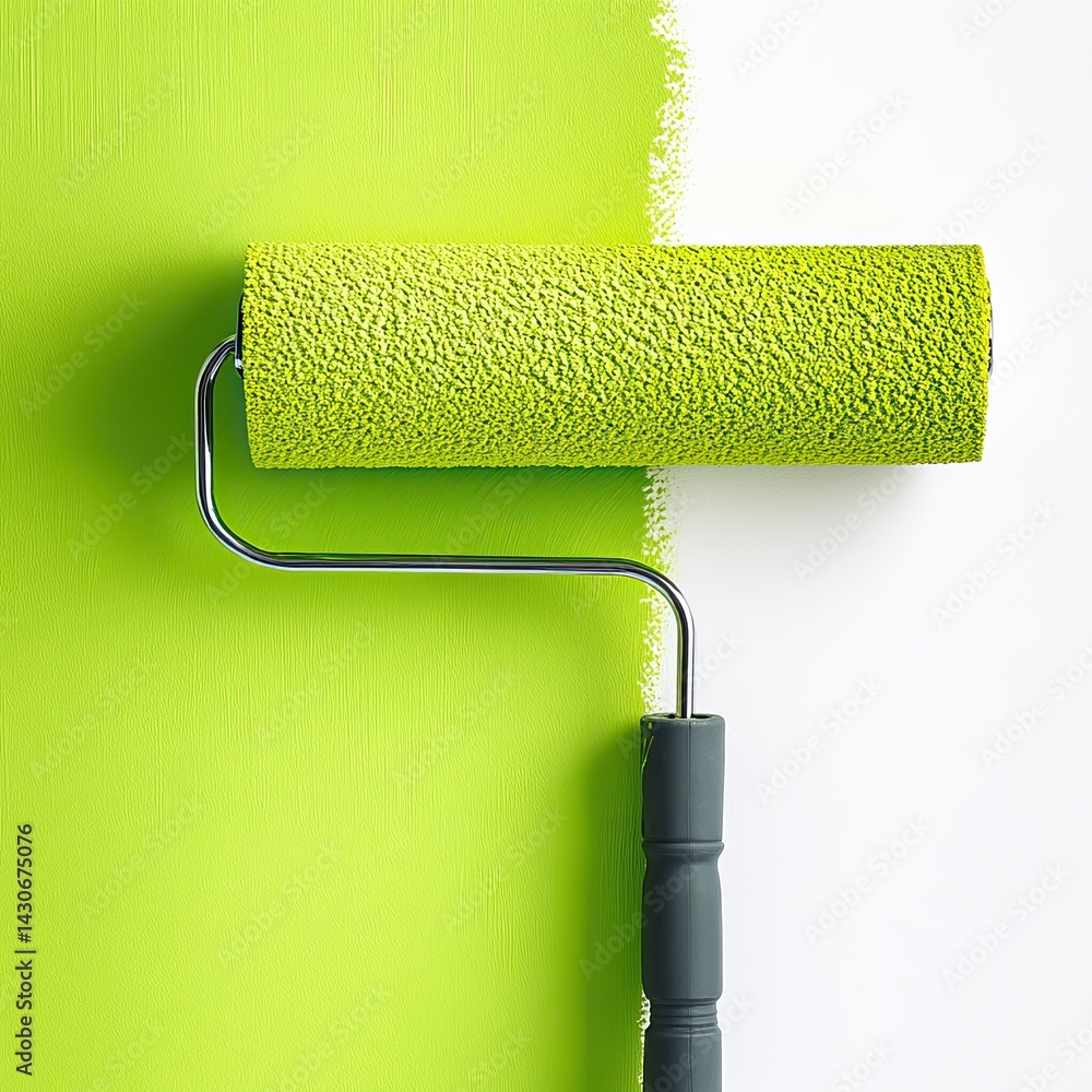 Obraz premium Close-up of paint roller applying vibrant green paint on white wall, concept of home renovation and interior design