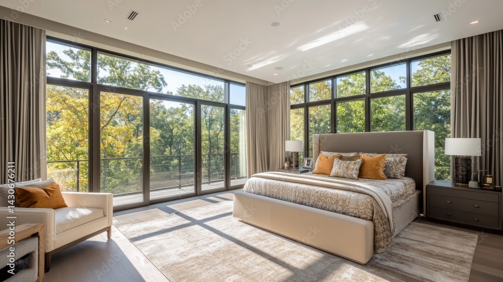 Sunlit modern bedroom with large windows, plush bed, and comfortable armchair. Sunlit modern bedroom with large windows, plush bed, and comfortable armchair.