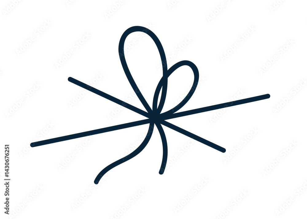 String bow, decorative knot. Tied cord, lace loops for gift adornment. Ornamental rope, thin ribbon, line drawing, decoration, design element. Drawn vector illustration isolated on white background String bow, decorative knot. Tied cord, lace loops for gift adornment. Ornamental rope, thin ribbon, line drawing, decoration, design element. Drawn vector illustration isolated on white background