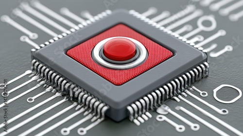 Red Button on Gray Microchip Close Up