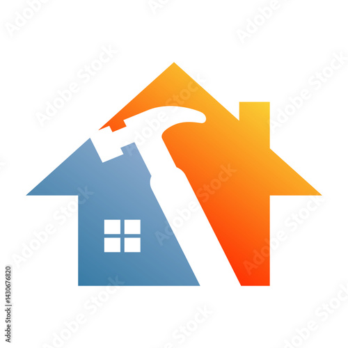 Home Repair Logo: A stylized house icon, split into warm and cool tones, features a prominent hammer symbolizing home repair, construction, or handyman services.