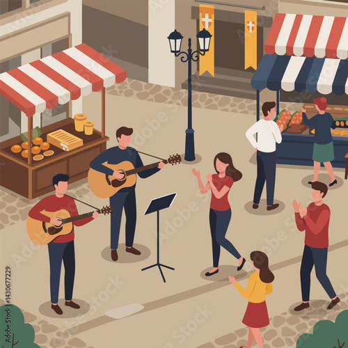 Street Musicians Playing Acoustic Guitars for People at Outdoor Market