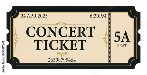 Concert ticket vector flat with barcode, cut line, simple style, black beige gold color