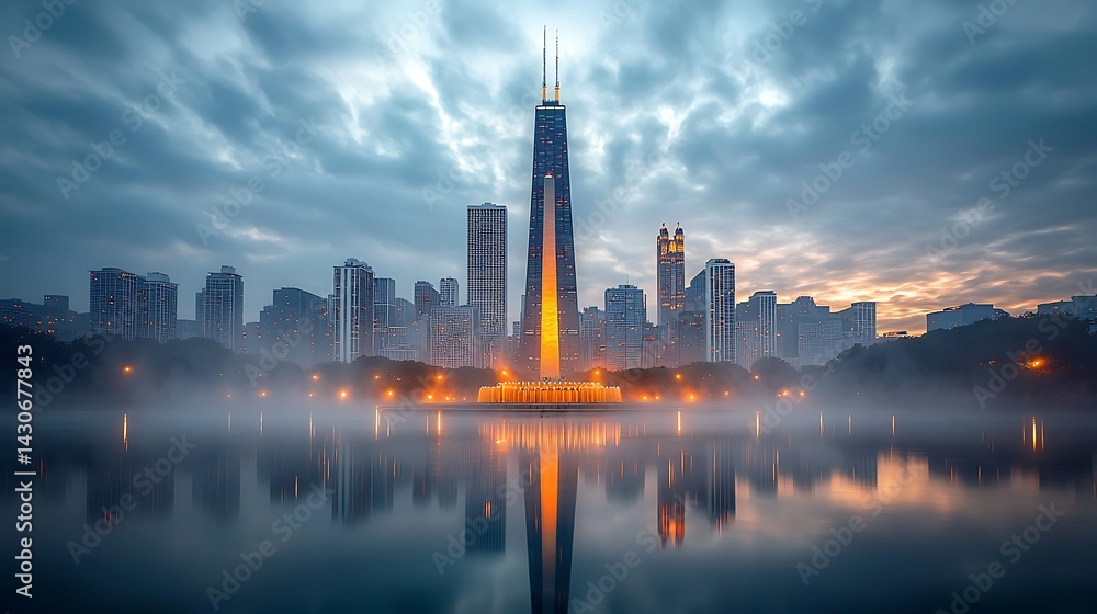 Fototapeta premium Skyscraper dominates a cityscape, reflecting in a calm lake during dusk with foggy atmosphere