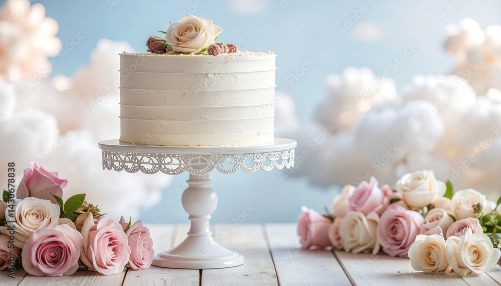 A beautifully decorated cake surrounded by fresh red and pink roses, set on an elegant table. Perfect for celebrations, weddings, or romantic occasions. The soft lighting adds warmth and charm to this