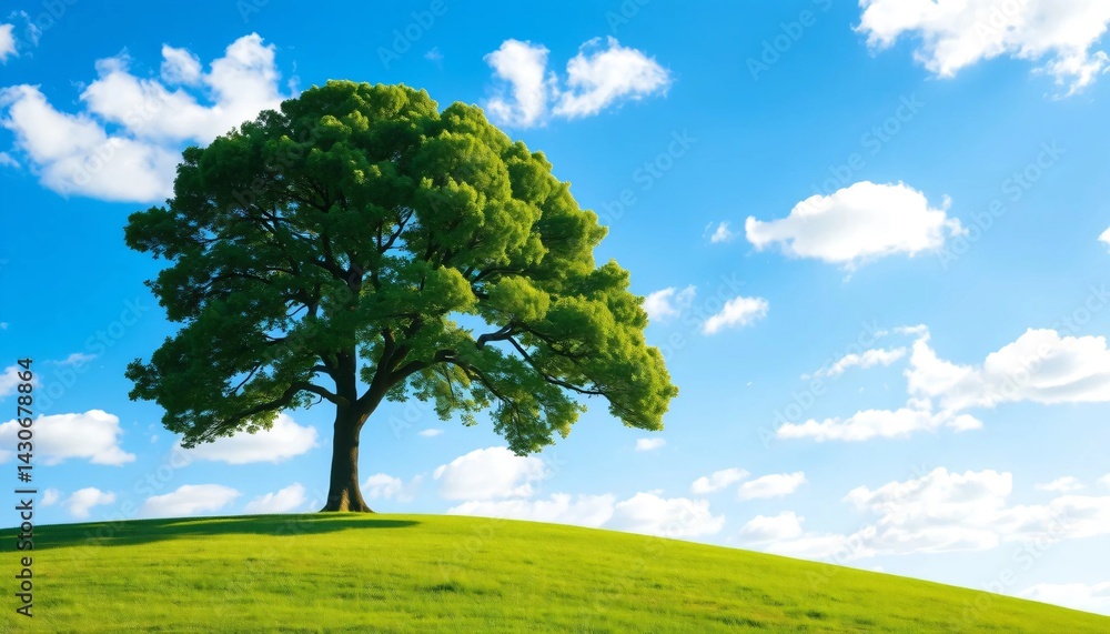 Solitary Large Tree on a Vibrant Grassy Hill Under a Bright Blue Sky with Scattered White Clouds, Capturing Serene and Picturesque Beauty
Solitary Large Tree on a Vibrant Grassy Hill Under a Bright Blue Sky with Scattered White Clouds, Capturing Serene and Picturesque Beauty