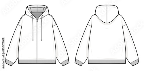 Zip-Up Hoodie Technical Fashion Illustration. Casual Hooded Jacket Vector Template. Front and Back View. Relaxed Fit. Ribbed Hem and Cuffs. Drawstring Hood. White Color. CAD Mockup Set.