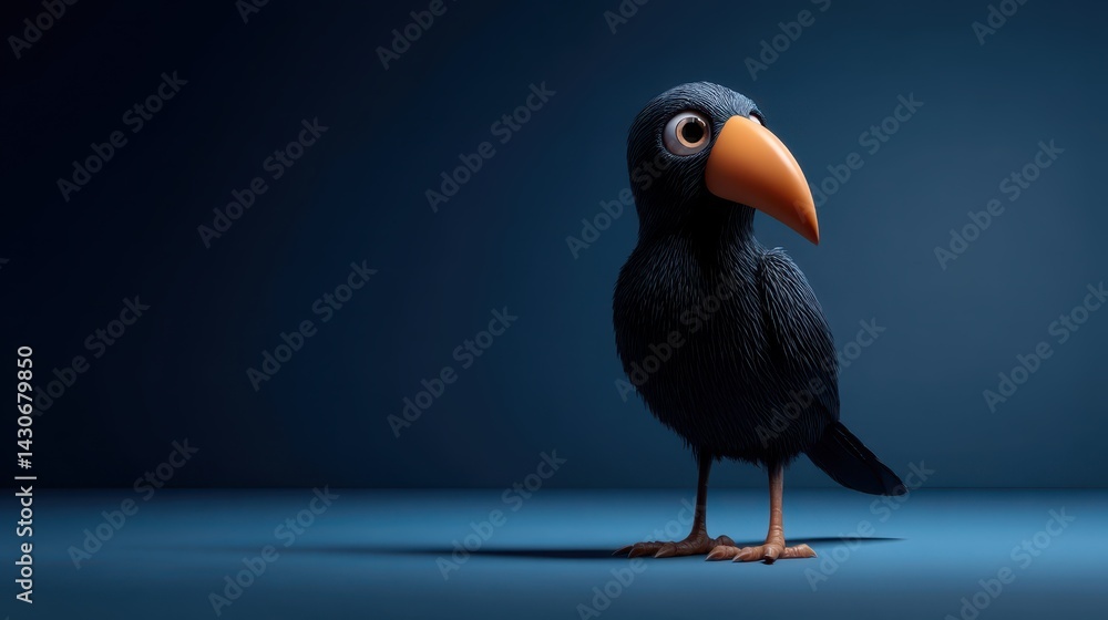 Naklejka premium A quirky cartoon crow with a large orange beak stands isolated against a striking blue backdrop, showcasing its whimsical character and playful design in vibrant detail