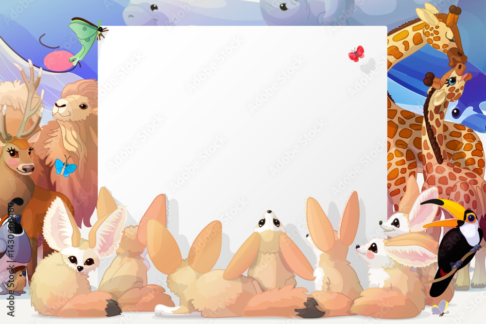 Obraz premium Cartoon animals background. Design illustration for kids. Blank form.