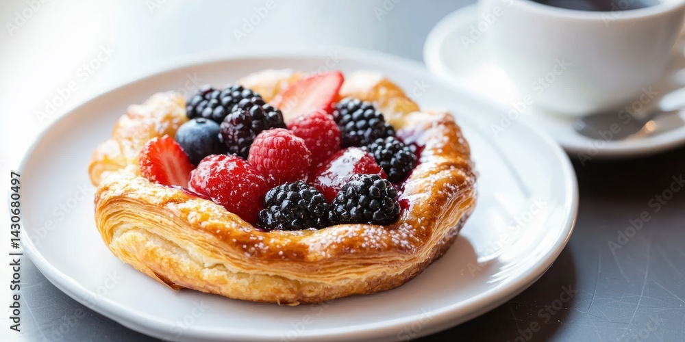 A colorful fruit Danish pastry, with a mix of fresh berries on top, placed on a white porcelain plate with a cup of coffee beside it A colorful fruit Danish pastry, with a mix of fresh berries on top, placed on a white porcelain plate with a cup of coffee beside it