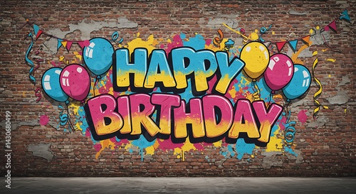 Colorful Happy Birthday Graffiti on Brick Wall