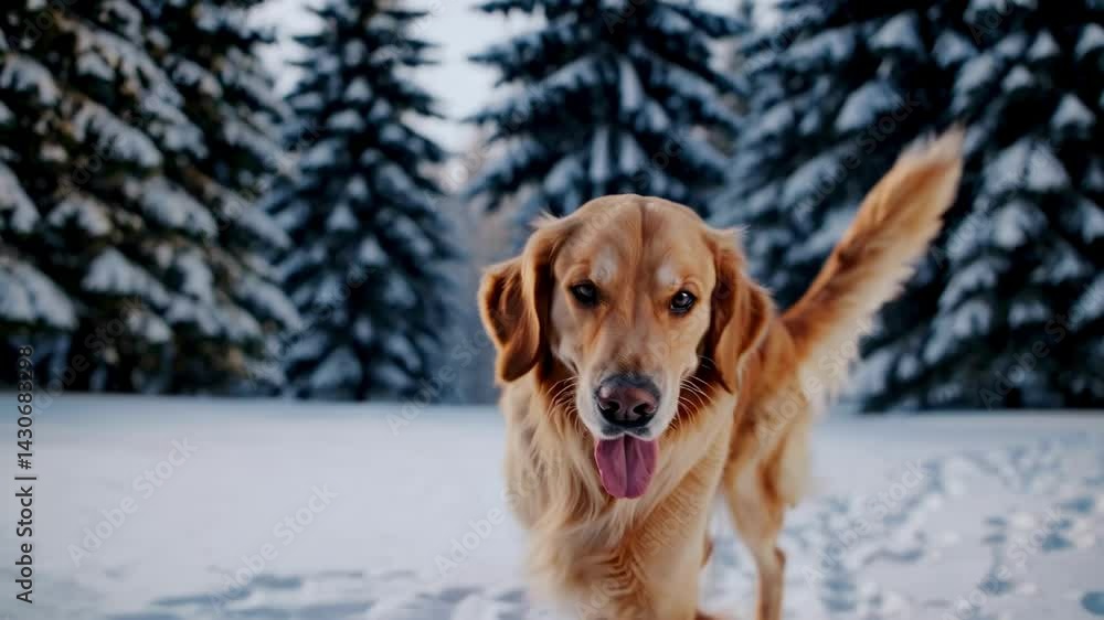 Golden retriever dog portrait close up looking friendly at camera with tongue out snowy winter forest background beautiful cute canine companion enjoys cold day Golden retriever dog portrait close up looking friendly at camera with tongue out snowy winter forest background beautiful cute canine companion enjoys cold day