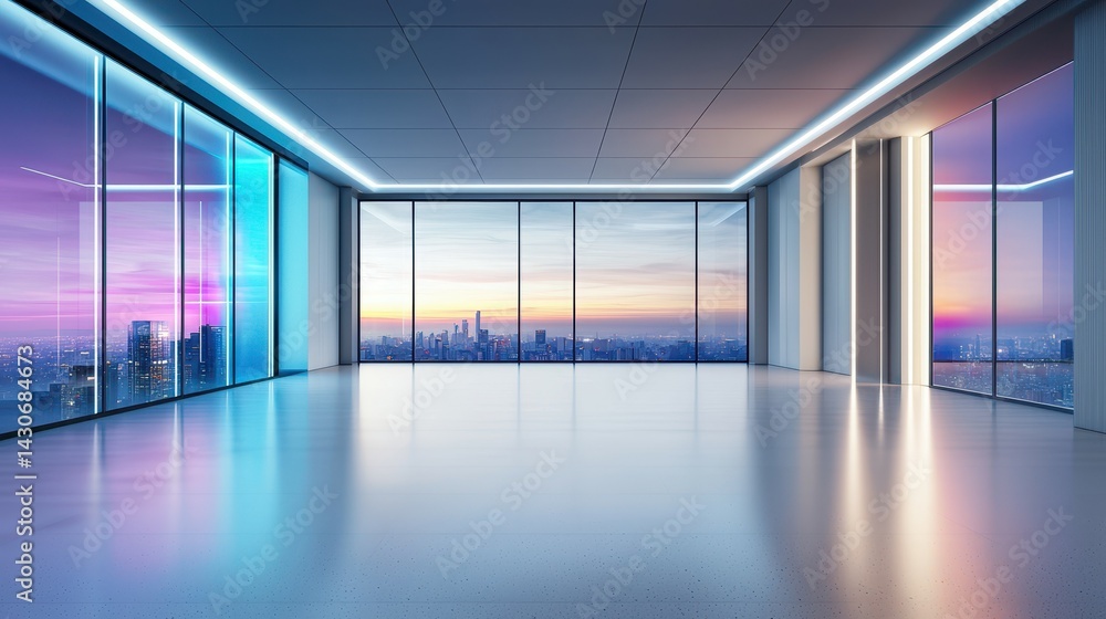 Obraz premium Spacious modern office interior with panoramic cityscape view at sunset.