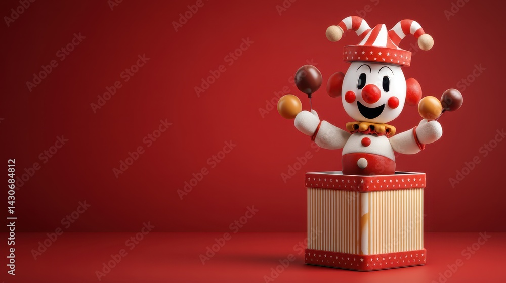 Fototapeta premium A cheerful clown emerges from a colorful jack-in-the-box, holding musical instruments. The background is a bright red, enhancing the whimsical atmosphere