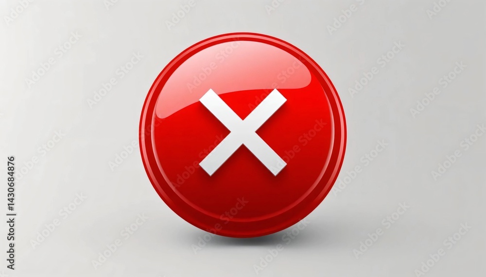 Fototapeta premium Bright and Glossy Red Circular Button with a White 'X' Symbol in the Center, Representing Error or Action Cancellation in a Sleek Minimalist Design 