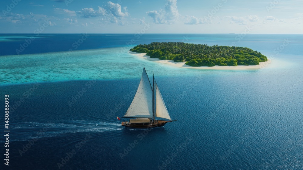 Obraz premium Sailboat sailing near a tropical island.
