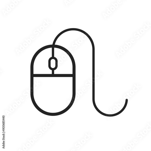 Computer mouse with a cable black outlined isolated illustration for UI button. Vector icon in flat style