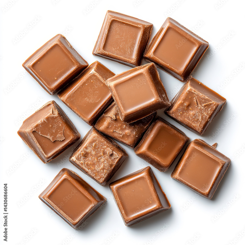 Pile of smooth milk chocolate squares on a stark white surface... Pile of smooth milk chocolate squares on a stark white surface...