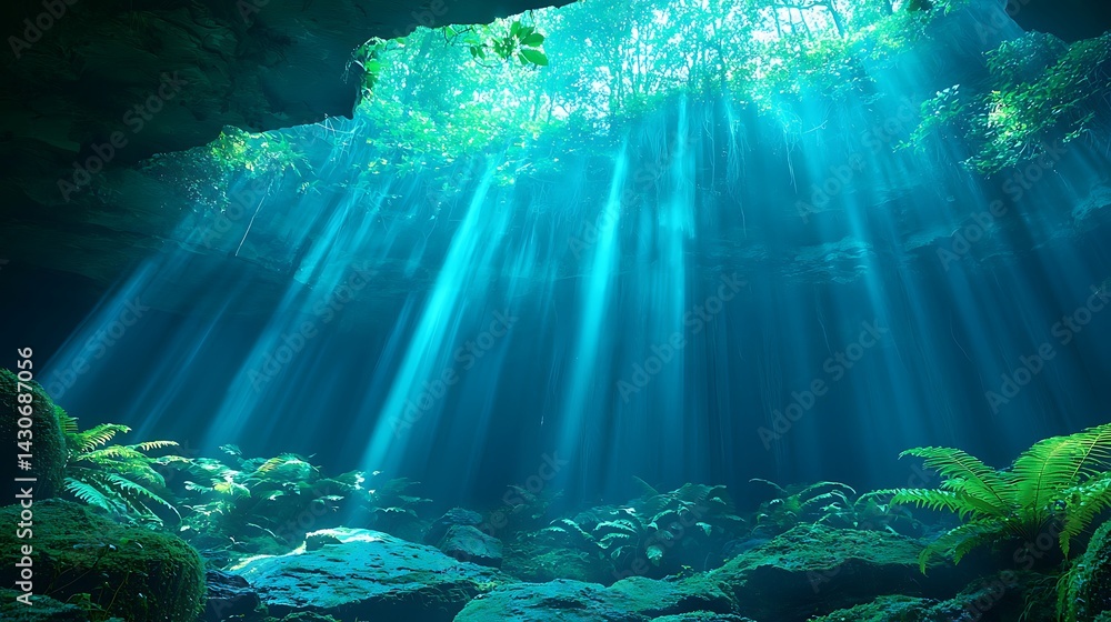 Obraz premium Sunlight streams through a cave's opening, illuminating the underwater grotto. Lush greenery and rocks are visible on the cave floor