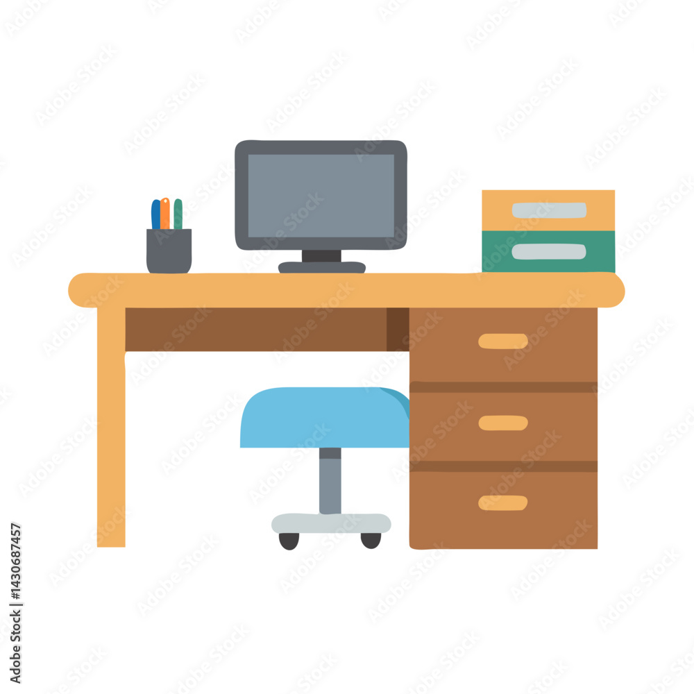 Modern vector office desk with computer, chair and drawers Modern vector office desk with computer, chair and drawers