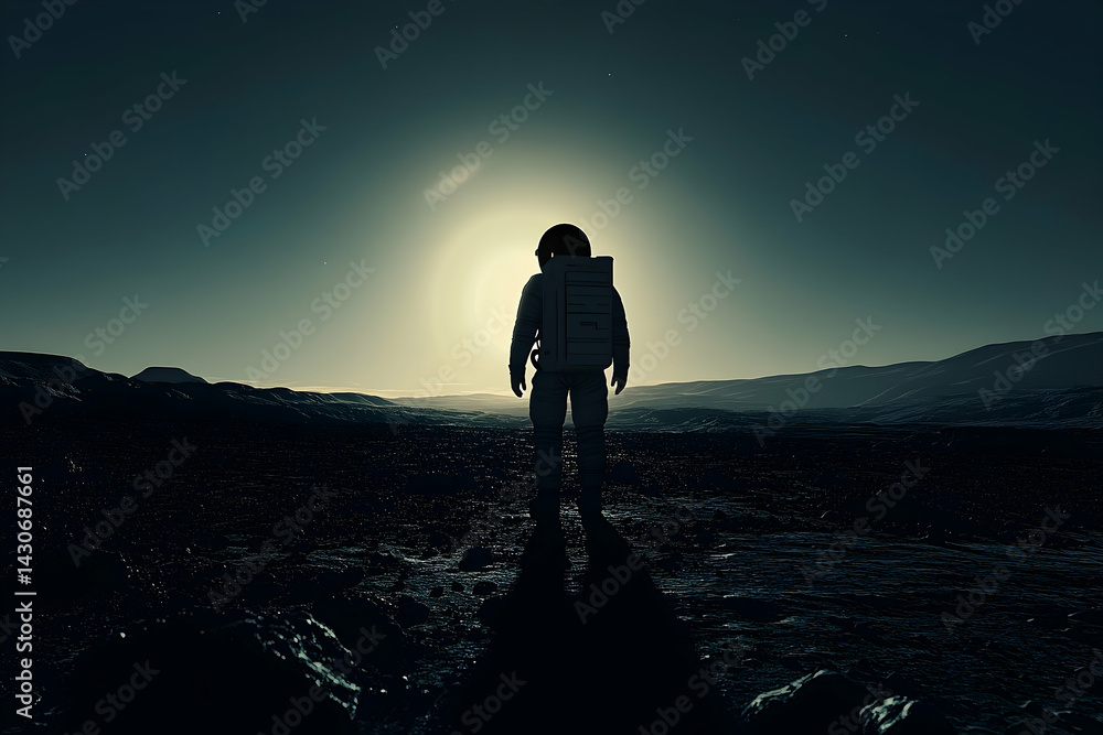 Fototapeta premium Silhouetted astronaut stands alone on a desolate alien landscape.