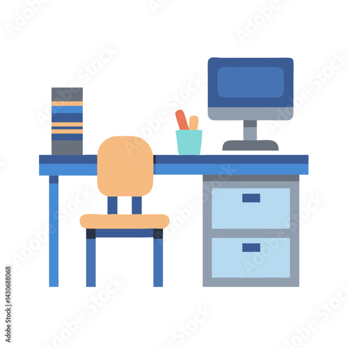 Cartoon office desk, monitor and chair illustration