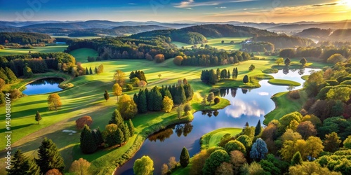 Aerial view of a golf course amidst dense foliage and towering trees, with rolling hills and serene lakes in the background, landscape photography, scenery