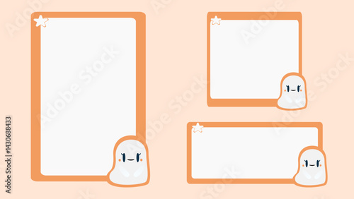 Cute Halloween greeting card set with smiling cartoon ghosts and orange borders, perfect for spooky notes and festive wishes