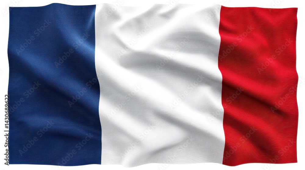 France's flag features three vertical stripes in blue, white, and red, symbolizing liberty, equality, and fraternity. The colors are vivid against a pure white background, emphasizing national pride France's flag features three vertical stripes in blue, white, and red, symbolizing liberty, equality, and fraternity. The colors are vivid against a pure white background, emphasizing national pride