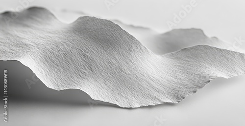 Abstract, textured, white paper wave.  Close-up view of a creased, undulating sheet of paper, showcasing a unique surface