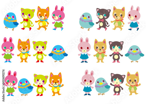 カラフル　ウサギ　イヌ　ネコ　鳥　セット