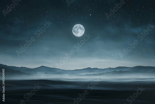 A serene, moonlit landscape of misty mountains under a full moon.