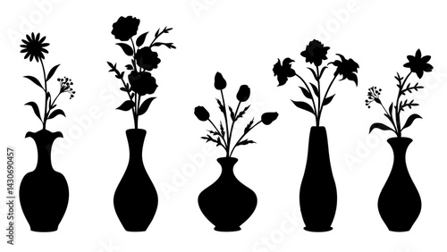 set of flowers in a vase silhouette vector on white background