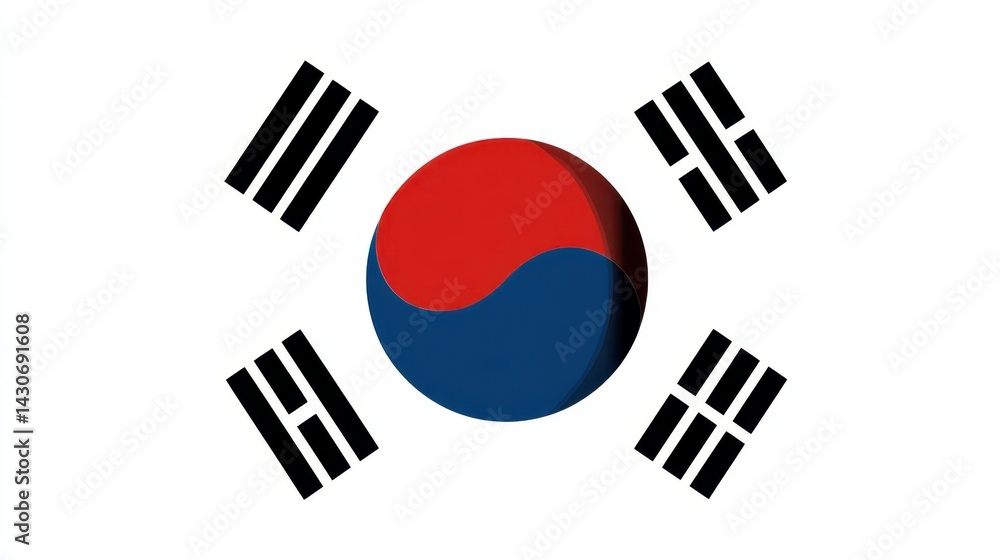 The flag of South Korea is presented with its iconic Taeguk symbol at the center and four black trigrams around it, isolated on a clean white background highlighting its significance and colors The flag of South Korea is presented with its iconic Taeguk symbol at the center and four black trigrams around it, isolated on a clean white background highlighting its significance and colors