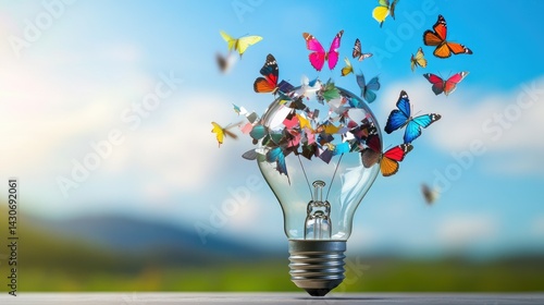A lightbulb shatters as vibrant butterflies emerge, representing ideas becoming reality