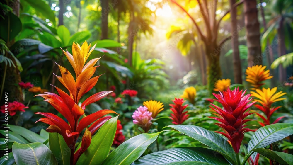 Fototapeta premium Brightly colored tropical flowers blooming in the forest, blooming, blooms, blooming, blooms, blossoms, nature, jungle