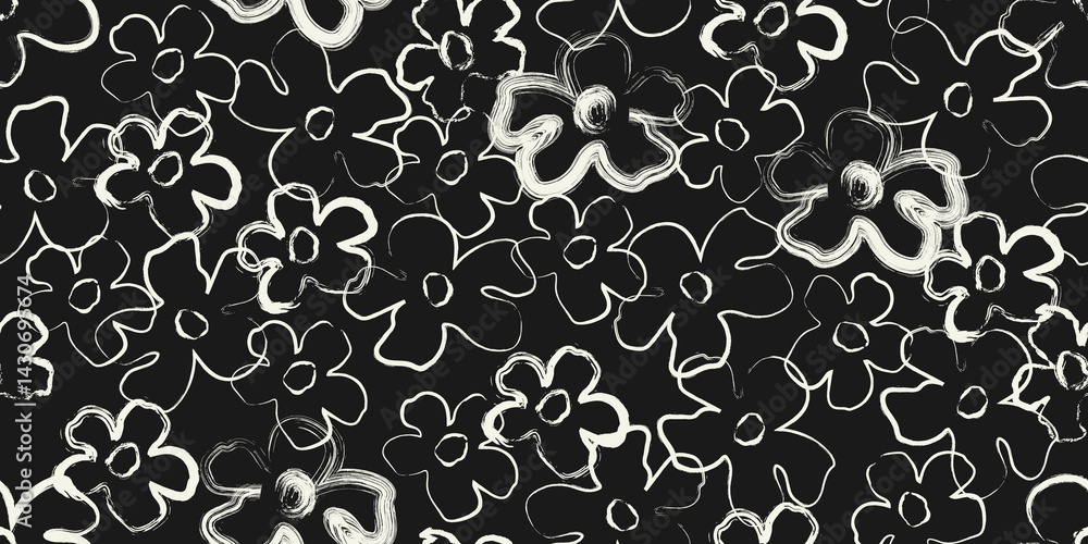 Fototapeta premium Black and white line abstract hand drawn flowers, floral seamless pattern with flowers for fabric, textile, apparel, poster, cover, banner, wall art, background. Vector illustration.